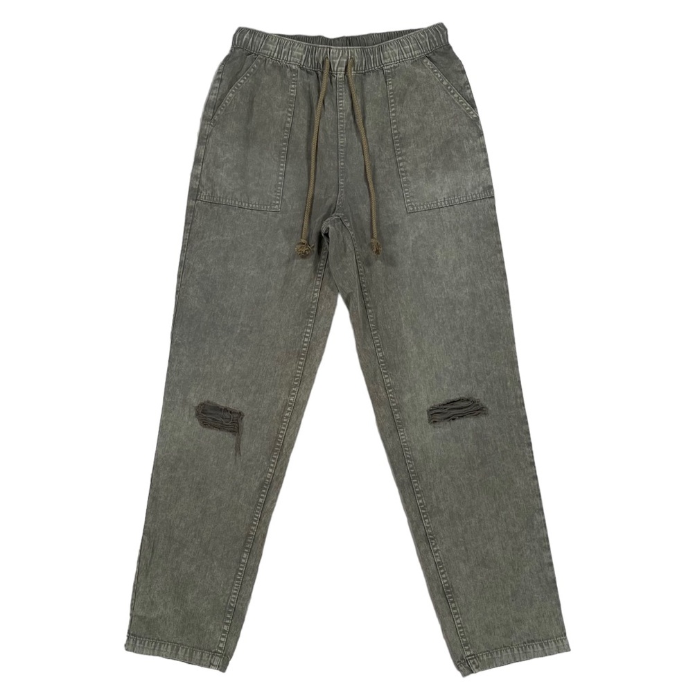 Aerie Faded Olive Green Distressed Chambray Elastic Waist Straight Leg Pant Sz S